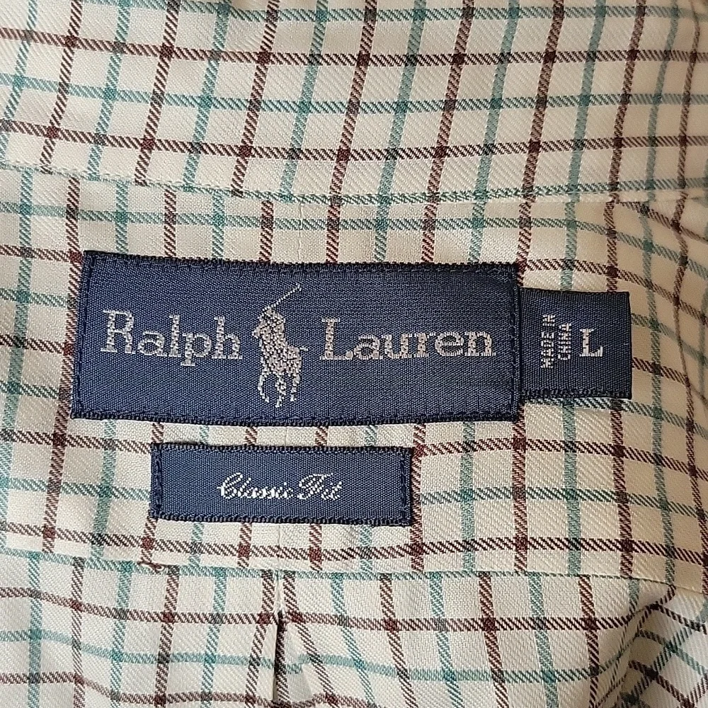 Polo Ralph Lauren Classic Fit Button Down Shirt, Cream with Brown/Green Strip, L